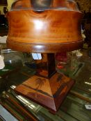 A CARVED AND INLAID WOOD ART DECO STYLE VINTAGE TABLE LAMP WITH DOME FORM SHADE AND SCENIC MARQUETRY