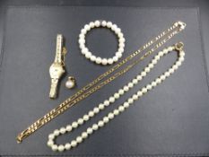 A 9ct GOLD FIGARO LINK CHAIN, PEARLS AND A WATCH. 9ct GOLD WEIGHT 18.8grms, LENGTH 56cms.