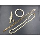 A 9ct GOLD FIGARO LINK CHAIN, PEARLS AND A WATCH. 9ct GOLD WEIGHT 18.8grms, LENGTH 56cms.