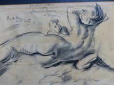 20th.C.BRITISH SCHOOL. RECLINING NUDE WITH PUTTO, CHARCOAL. 22 x 32cms.