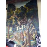 A DECORATIVE PAINTED PANEL IN A FAUX VERDURE FLEMISH 17th/18th.TAPESTRY DESIGN. 244 x 153cms.
