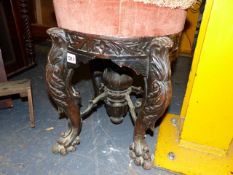 A 19th.C.HARDWOOD CARVED PIANO STOOL WITH RISING TOP.