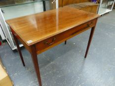 A 19th.C.MAHOGANY WRITING TABLE WITH SINGLE FRIEZE DRAWER ON SLENDER SQUARE LEGS. 91 x 55 x H.