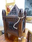 A 19th.C.GOTHIC CARVED OAK TABLE CABINET WITH PYRAMID TOP. 30 x 30 x H.56cms.