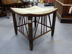 A GOOD ARTS AND CRAFTS STOOL OF THEBES TYPE AND POSSIBLY BY LIBERTY'S. 28 x 48 x H.46cms.