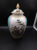 A DRESDEN JAR AND COVER, THE OVOID BODY PAINTED WITH ALTERNATING PANELS OF FIGURES IN GARDENS AND