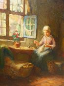 J.SNOEK. 19th/20th.C.CONTINENTAL SCHOOL. A COTTAGE INTERIOR, SIGNED OIL ON PANEL. 27 x 21.5cms.