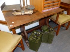 A SMALL HEAL'S OAK REFECTORY TYPE TABLE ON TRESTLE END SUPPORTS. 106 x 60 x H.73cms