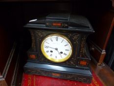 A GOOD VICTORIAN SLATE AND MARBLE MANTLE CLOCK WITH 8-DAY BELL STRIKE MOVEMENT AND A WHITE ENAMEL