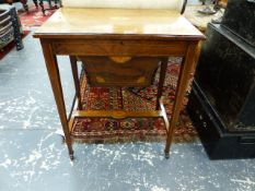 A LATE VICTORIAN INLAID ROSEWOOD LIFT TOP WORK TABLE. H.70 x W.61 TOGETHER WITH A VICTORIAN WALNUT
