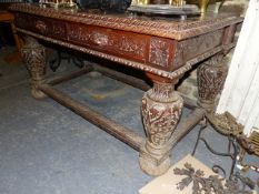 A LARGE 19th.C.CARVED OAK CENTRE TABLE, TWO DRAWERS WITH CARVED MASK HANDLES AND OPPOSING DUMMY