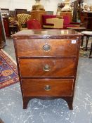 A 19th.C.MAHOGANY SMALL CHEST OF THREE DRAWERS WITH BRASS HANDLES ON SHAPED BRACKET FEET. 56 x 38