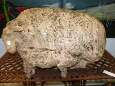 CHRISTINE HALL -ENGLISH 20th.C.SCHOOL. A SCULPTED WEATHERED TERRACOTTA GROUP OF THREE SHEEP, A EWE A