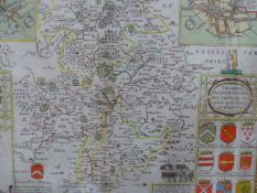 AN ANTIQUE HAND COLOURED MAP OF WARWICKSHIRE BY JACOBUS HONDIUS. 40 x 52cms.