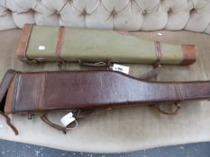 A PIGSKIN LEATHER LEG O' MUTTON GUN CASE TOGETHER WITH A CANVAS EXAMPLE. (2)