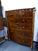 A VICTORIAN MAHOGANY TWO PART TALL BOW FRONT CHEST OF TWO SHORT AND FOUR LONG GRADUATED DRAWERS. W.