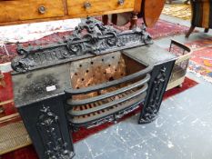 A 19th.C.CAST IRON FIRE BASKET WITH FOLIATE DECORATIVE CREST.