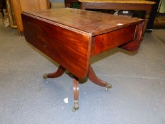 A LATE GEORGIAN MAHOGANY PEMBROKE LIBRARY TABLE ON COLUMN SUPPORTS AND QUADRUPED SABRE LEGS. W.91