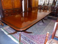A BESPOKE GEO.IV.STYLE MAHOGANY DINING TABLE WITH TWIN QUADRUPED SUPPORTS AND TWO ADDITIONAL LEAVES,