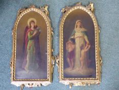 19th.C.ITALIAN SCHOOL. AN ANGEL AND A SAINT WITH CHILDREN, BOTH SIGNED E.FORTANI? OIL ON ARCH SHAPED