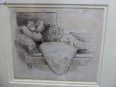 A LATE 19th/EARLY 20th.C. PEN AND INK ILLUSTRATION OF A LADY RECLINING ON A CHAISE LONGUE