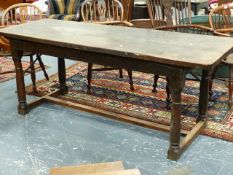 A 17th/18th.C. AND LATER OAK REFECTORY TABLE WITH STOUT THREE PLANK TOP OVER MOULDED EDGE, FRIEZE