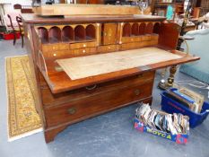 AN EARLY 19th.C.MAHOGANY AND BOXWOOD STRUNG SECRETAIRE CHEST WITH FALL FRONT UPPER DRAWER AND WELL