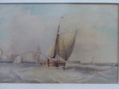 19th.C.ENGLISH SCHOOL. FISHING BOATS OFF A PORT, WATERCOLOUR. 12 x 18.5cms.