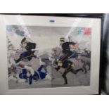 A JAPANESE WOODBLOCK DIPTYCH SHOWING A MILITARY CHARGE. OVERALL. 48 x 60cms.