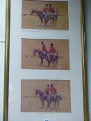 THREE COMIC SPORTING PRINTS MOUNTED AS ONE. OVERALL 119 x 64cms.