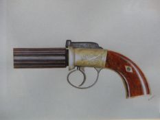 A WATERCOLOUR STUDY OF A PEPPERBOX AND PERCUSSION REVOLVER SIGNED P.NORRIS. 30 x 19cms.