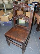 AN 18th.C.OAK SIDE CHAIR WITH CARVED RAIL BACK PANEL SEAT AND TURNED LEGS TOGETHER WITH A