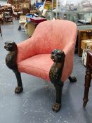 A PAIR OF INTERESTING REGENCY STYLE EGYPTIAN REVIVAL ARMCHAIRS OF GENEROUS PROPORTION.