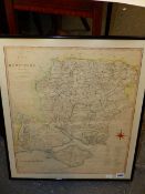 AN ANTIQUE HAND COLOURED MAP OF HAMPSHIRE BY J.CARY. 52 x 43cms TOGETHER WITH ANOTHER OF HAMPSHIRE