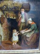 19th.C.ENGLISH SCHOOL. A FAMILY BY THE HEARTH, OIL ON PANEL. 15.5 x 14cms.