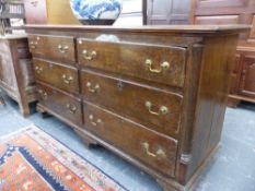 AN 18th.C.OAK LANCASHIRE CHEST OF SIX SHORT DRAWERS ON OGEE BRACKET FEET.176 x 94 x 57cms.