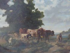 19th.C. CONTINENTAL SCHOOL. CATTLE AND GOATS ON A BRIDGE SIGNED INDISTINCTLY, OIL ON CANVAS. 63 x