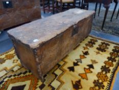 AN 18th.C.ELM PLANK COFFER WITH SIMPLE LINE CARVED FRONT PANEL. 116 x 40 x H.42cms.