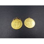 TWO 22ct GOLD SPADE GUINEAS, DATED 1788 AND 1798, BOTH COINS HAVE BEEN MOUNTED AND FIXED AS