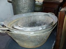 A COLLECTION OF VINTAGE GALVANISED TIN WASH TUBS, BUCKETS, ETC.