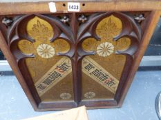 TWO VICTORIAN GOTHIC CARVED OAK AND PAINT DECORATED PANELS. EACH 50 x 60cms.