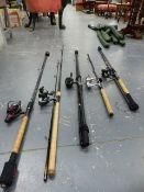 A QTY OF FISHING RODS TO INCLUDE KA MASAN FITTED WITH OKUMA REEL, SHAKESPEARE AGILITY 14", RON