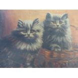 E.B.WEAVER. EARLY 20th.C.ENGLISH SCHOOL. TWO CATS, SIGNED AND DATED, UNFRAMED OIL ON CANVAS. 18 x