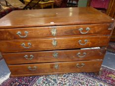 AN IMPRESSIVE ANTIQUE COLONIAL TEAK CHEST OF FOUR LONG GRADUATED DRAWERS ON BRACKET FEET. W.122 x