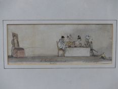 EARLY 19th.C.FRENCH SCHOOL. A COMIC AFTERNOON TEA, INSCRIBED AND DATED 1827, WATERCOLOUR. 7 x 18.