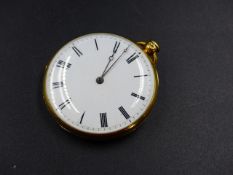 A RARE 18ct GOLD POCKET WATCH WITH PULL WIND MECHANISM VIA A COAXIAL BUTTON IN THE PENDANT, ENGRAVED