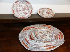 A GROUP OF 19th.C. MASONS IRONSTONE PLATTERS AND PLATES OF VARYING SIZES.