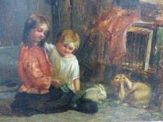 ENGLISH 19th.C.SCHOOL. FEEDING THE RABBITS, OIL ON CANVAS. 27 x 34cms.