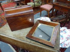 A 19th.C.SMALL DOME TOP CASKET BOX. W.36cms. TOGETHER WITH A WALNUT FRAMED WALL MIRROR.