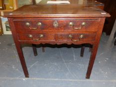 A Geo.III. COUNTRY OAK LOWBOY SIDE TABLE WITH ONE LONG AND TWO SHORT DRAWERS ON CHAMFERED SQUARE